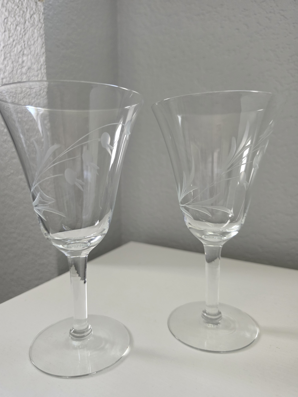 Vintage Handblown Etched Wine Glasses - Clear Set Of 2